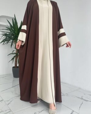 Home Chocolate Brown & Cream Contrast Open Abaya 2 pcs