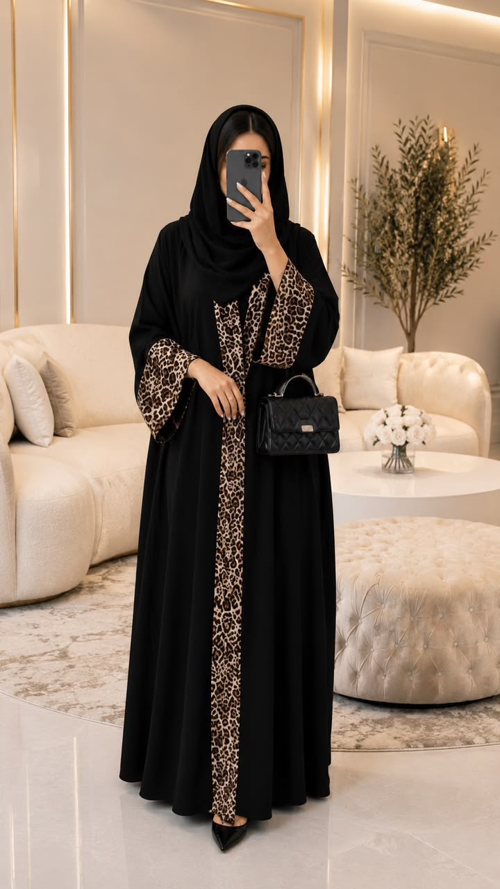 whatsapp image 2026 09 30 at 6.57.23 pm Wild Elegance Leopard-Trim Georgette Abaya | The Abaya Studio